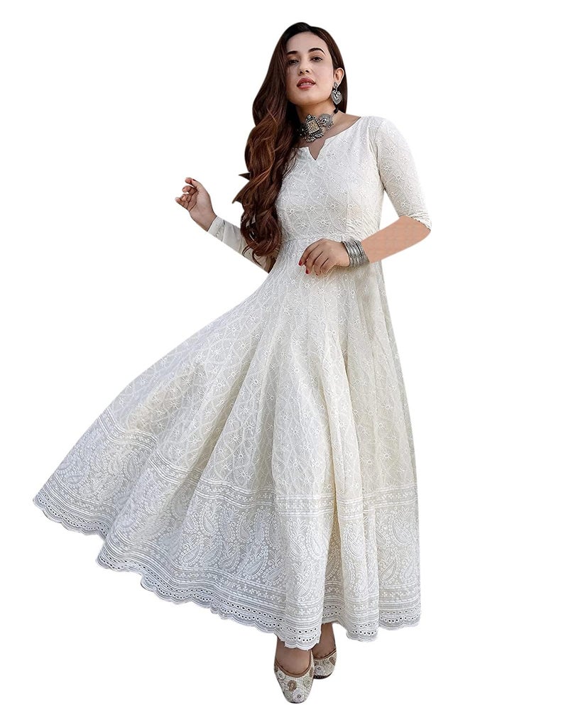 Yashika Women's & Girl's White Color Chikankari Long Kurti Gown(YS-K1113-S) - Image 2