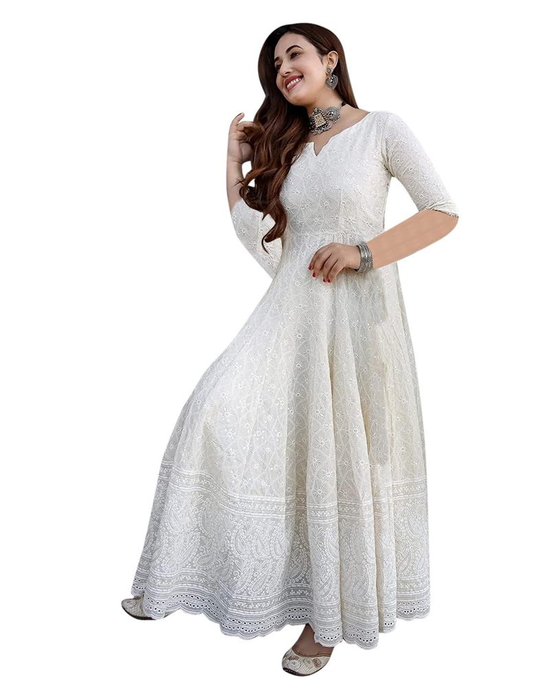 Yashika Women's & Girl's White Color Chikankari Long Kurti Gown(YS-K1113-S) - Image 5