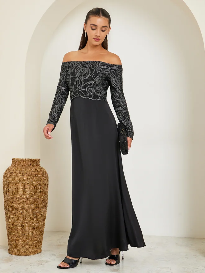 Styli  Styli Women Off Shoulder Embellished Maxi Party Dress for Women | Best Price UAE