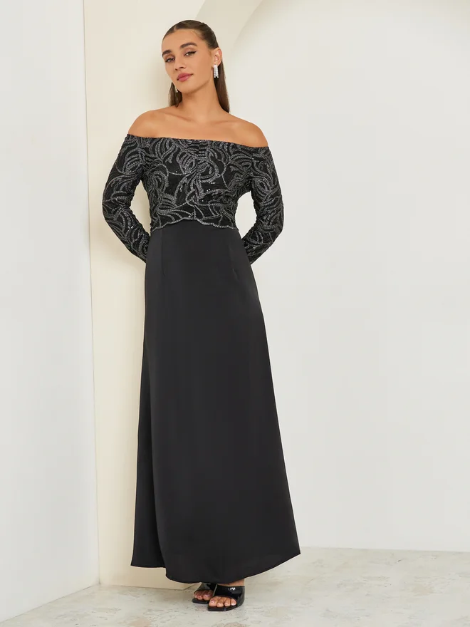 Styli Women Off Shoulder Embellished Maxi Party Dress