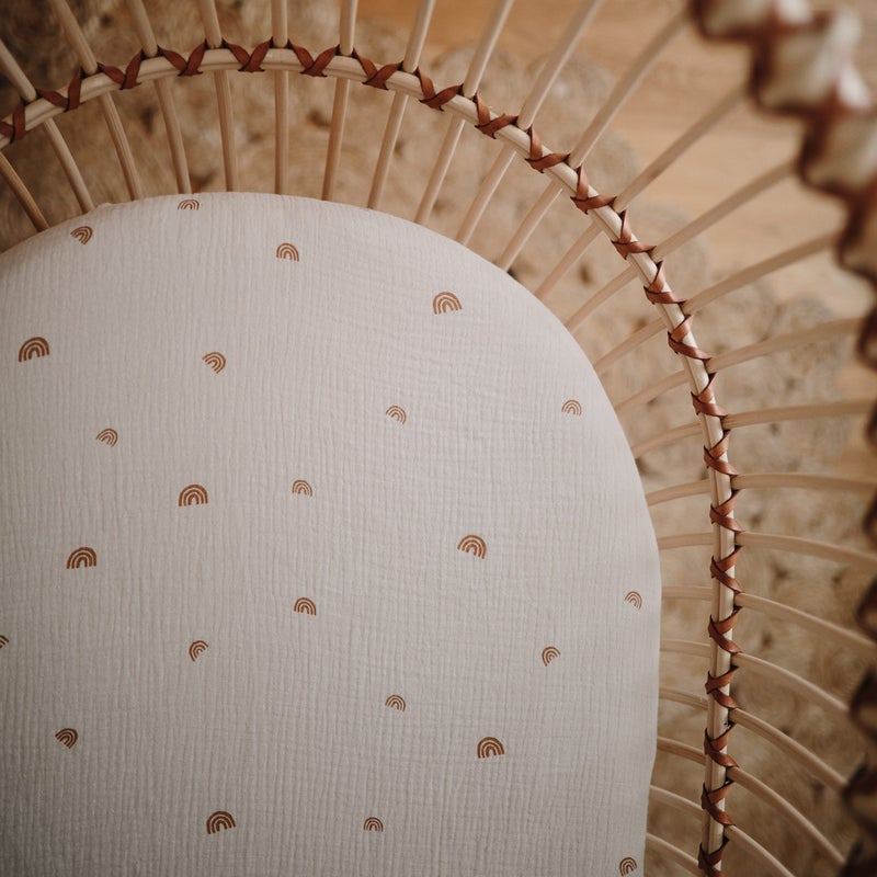 mushie Extra Soft Muslin Fitted MINI Crib Sheet | 24"x 38" (Rainbows) - Image 3