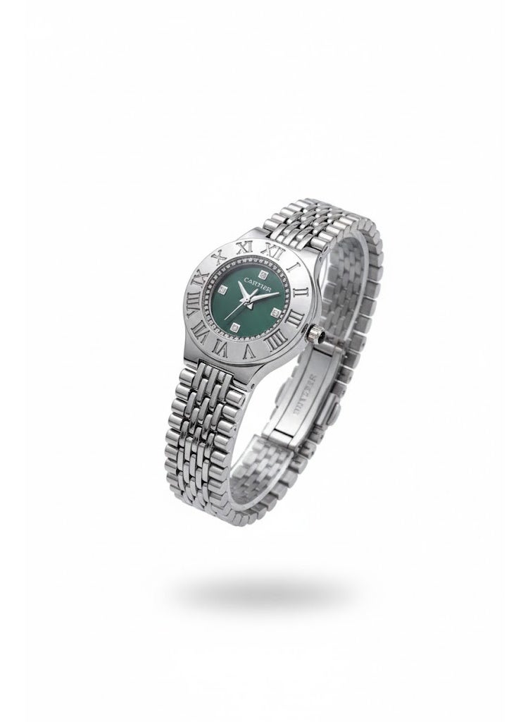 Cartier Women’s Stainless Steel Watch with Green Dial and Roman Numeral Bezel