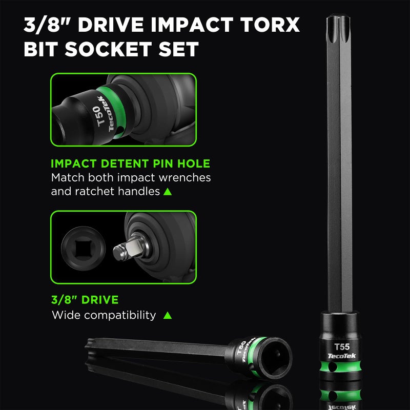 TecoTek 3/8" Drive Impact Torx Bit Socket Set, Extra Long Torx Socket, S2 Alloy Steel Star Bit Sockets, 24PCS Star Bit Set, T10-T60, 2in & 6in Long, CR-V & S2 Alloy Steel Set, Enhanced Storage Case - Image 5