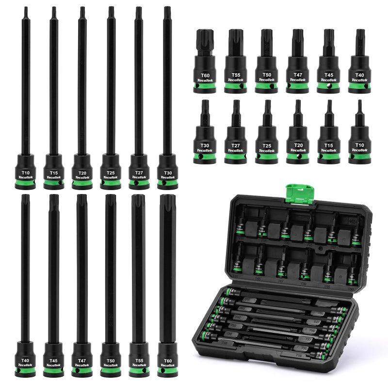 TecoTek 3/8" Drive Impact Torx Bit Socket Set, Extra Long Torx Socket, S2 Alloy Steel Star Bit Sockets, 24PCS Star Bit Set, T10-T60, 2in & 6in Long, CR-V & S2 Alloy Steel Set, Enhanced Storage Case - Image 1