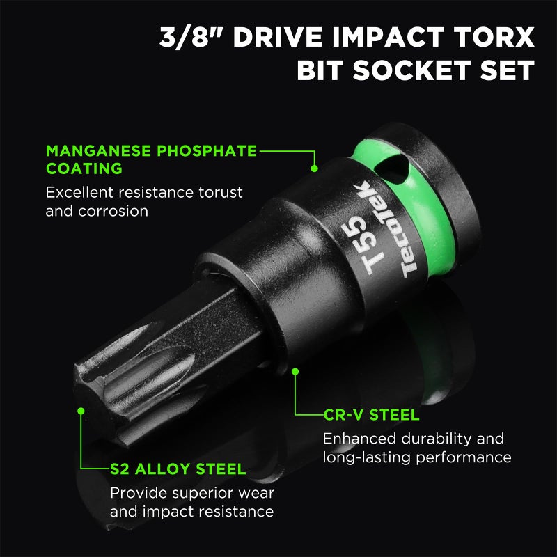 TecoTek 3/8" Drive Impact Torx Bit Socket Set, Extra Long Torx Socket, S2 Alloy Steel Star Bit Sockets, 24PCS Star Bit Set, T10-T60, 2in & 6in Long, CR-V & S2 Alloy Steel Set, Enhanced Storage Case - Image 4