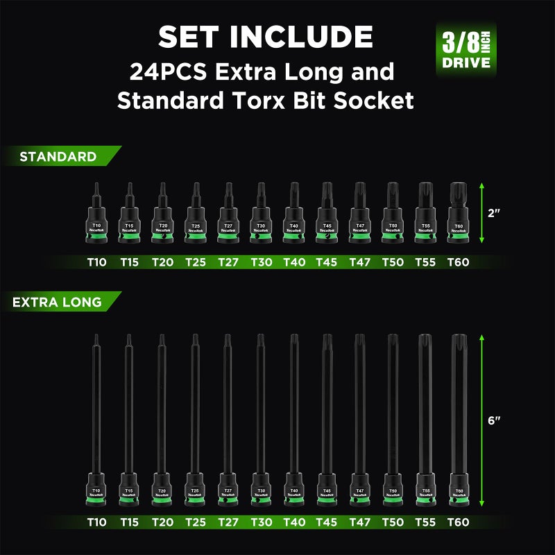 TecoTek 3/8" Drive Impact Torx Bit Socket Set, Extra Long Torx Socket, S2 Alloy Steel Star Bit Sockets, 24PCS Star Bit Set, T10-T60, 2in & 6in Long, CR-V & S2 Alloy Steel Set, Enhanced Storage Case - Image 3