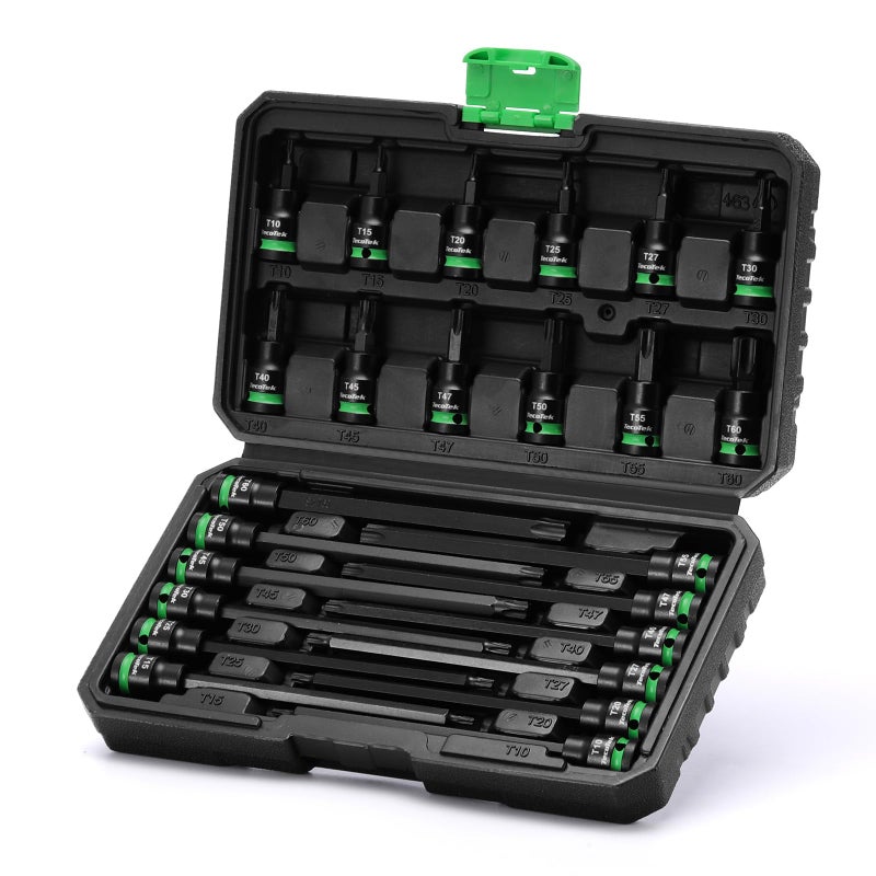 TecoTek 3/8" Drive Impact Torx Bit Socket Set, Extra Long Torx Socket, S2 Alloy Steel Star Bit Sockets, 24PCS Star Bit Set, T10-T60, 2in & 6in Long, CR-V & S2 Alloy Steel Set, Enhanced Storage Case - Image 2