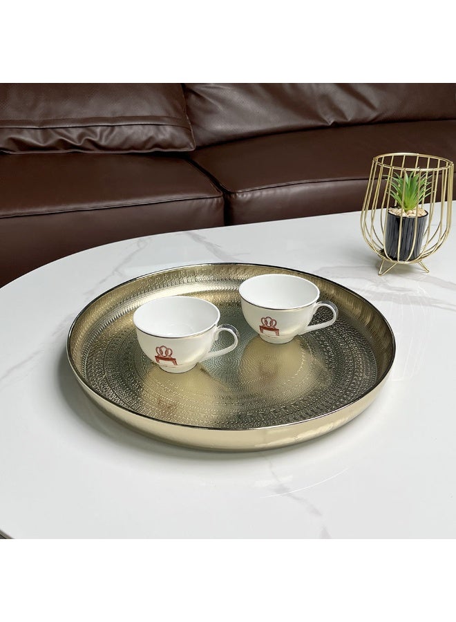 Nakhl 34cm Gold Round Serving Tray with Etched Design, Luxury Decorative Tray for Makeup, Jewelry, Food, Coffee, Toiletries, Kitchen - Image 1