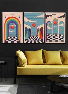LOWHA Set Of 3 Framed Canvas Wall Arts Stretched Over Wooden Frame, Abstract Vintage Boho Paintings, For Home, Living Room, Office Decor  - Image 1