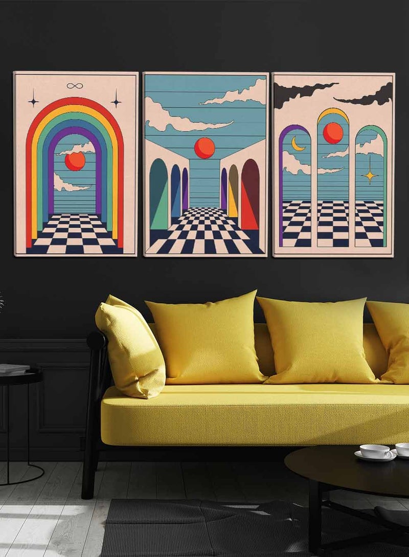 LOWHA Set Of 3 Framed Canvas Wall Arts Stretched Over Wooden Frame, Abstract Vintage Boho Paintings, For Home, Living Room, Office Decor  - Image 1