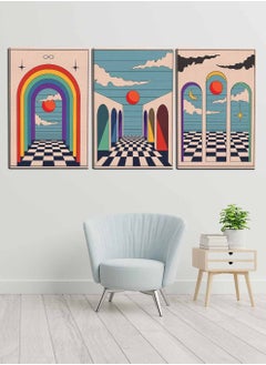 LOWHA Set Of 3 Framed Canvas Wall Arts Stretched Over Wooden Frame, Abstract Vintage Boho Paintings, For Home, Living Room, Office Decor  - Image 3