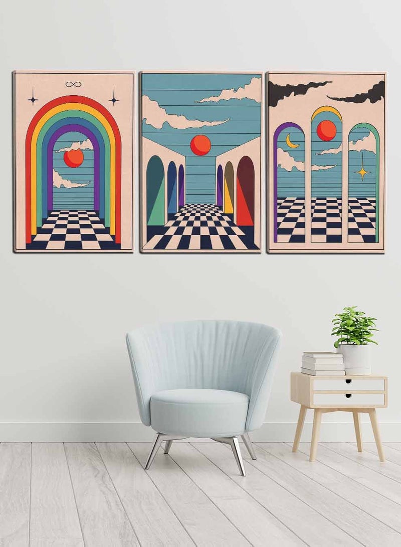LOWHA Set Of 3 Framed Canvas Wall Arts Stretched Over Wooden Frame, Abstract Vintage Boho Paintings, For Home, Living Room, Office Decor  - Image 3