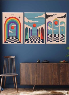 LOWHA Set Of 3 Framed Canvas Wall Arts Stretched Over Wooden Frame, Abstract Vintage Boho Paintings, For Home, Living Room, Office Decor  - Image 2