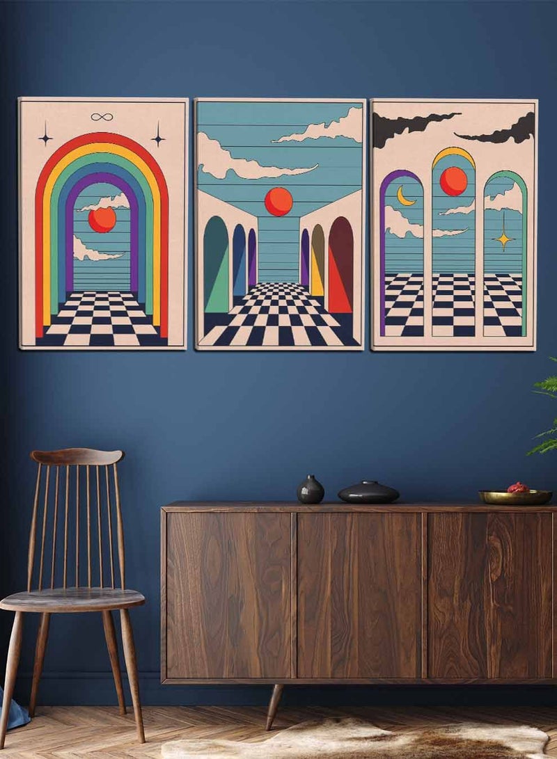 LOWHA Set Of 3 Framed Canvas Wall Arts Stretched Over Wooden Frame, Abstract Vintage Boho Paintings, For Home, Living Room, Office Decor  - Image 2