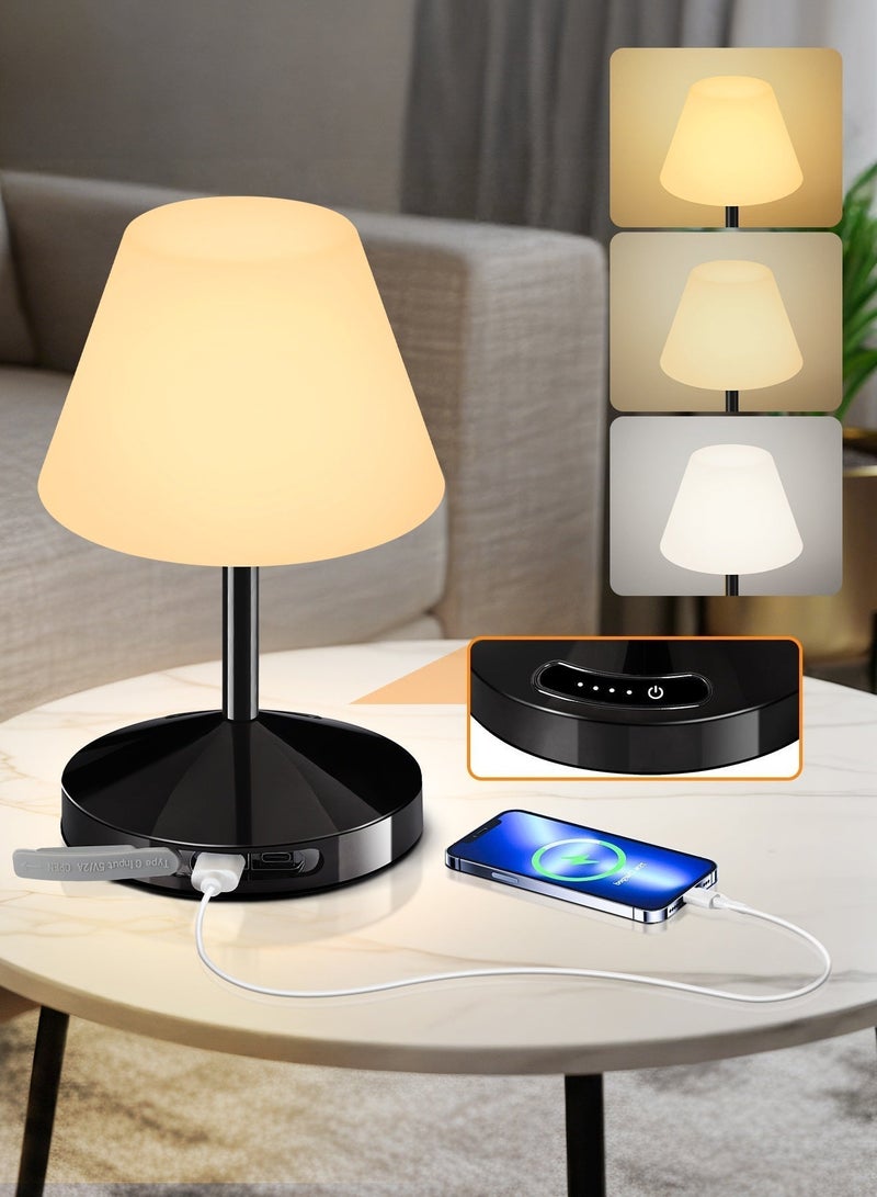 OUTON مصباح طاولة LED يعمل باللمس – قابل لإعادة الشحن ولاسلكي مع إضاءة قابلة للتعديل بثلاثة ألوان وتدرج غير متقطع في الإضاءة، ومقاوم للماء، ومزود بوظيفة الذاكرة ومؤشر البطارية والشحن عبر USB – مصباح طاولة عصري محمول لغرفة النوم وطاولة الطعام والمكتب والقراءة – هدية أنيقة لتزيين المنزل – أسود - Image 1