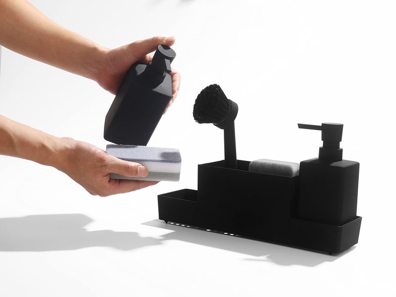 YAUKPH Kitchen Soap Dispenser with Sponge Holder Set for Sink Caddy, Hand Soap and Dish Soap Dispenser with Brush (Black) - Image 2