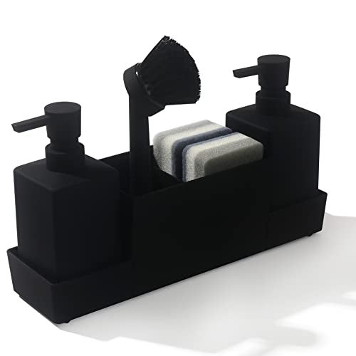 YAUKPH Kitchen Soap Dispenser with Sponge Holder Set for Sink Caddy, Hand Soap and Dish Soap Dispenser with Brush (Black) - Image 1