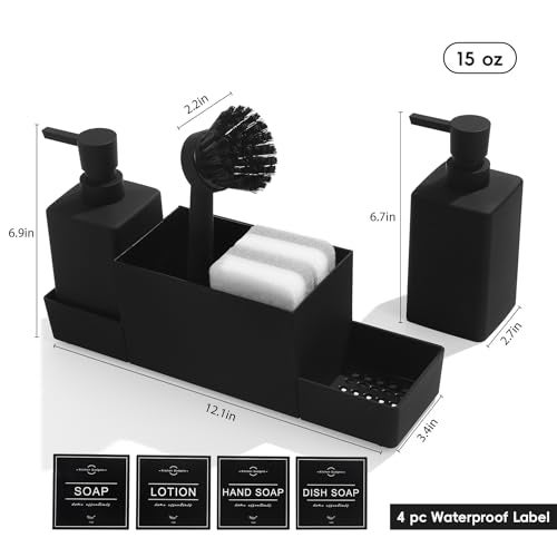 YAUKPH Kitchen Soap Dispenser with Sponge Holder Set for Sink Caddy, Hand Soap and Dish Soap Dispenser with Brush (Black) - Image 3
