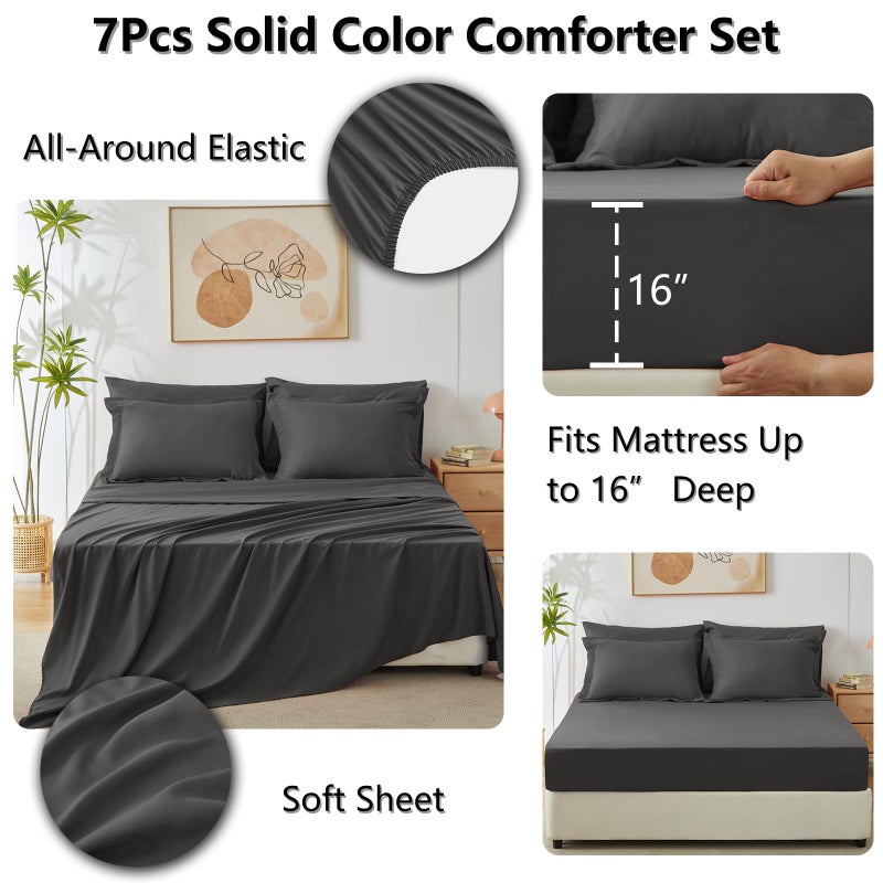 HIMEET Full Size Comforter Sets - 7 Pieces Dark Grey Bed in a Bag, Soft Lightweight Bedding Set, All Season Bed Set with Comforter, Flat Sheet, Fitted Sheet, Pillowcases & Pillow Shams - Image 4