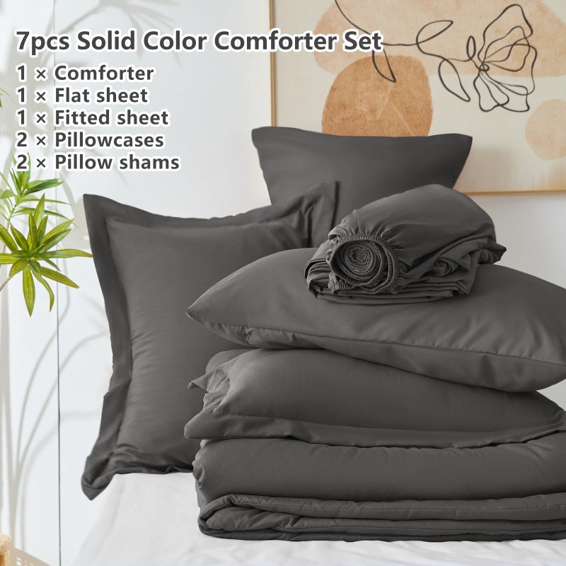 HIMEET Full Size Comforter Sets - 7 Pieces Dark Grey Bed in a Bag, Soft Lightweight Bedding Set, All Season Bed Set with Comforter, Flat Sheet, Fitted Sheet, Pillowcases & Pillow Shams - Image 5