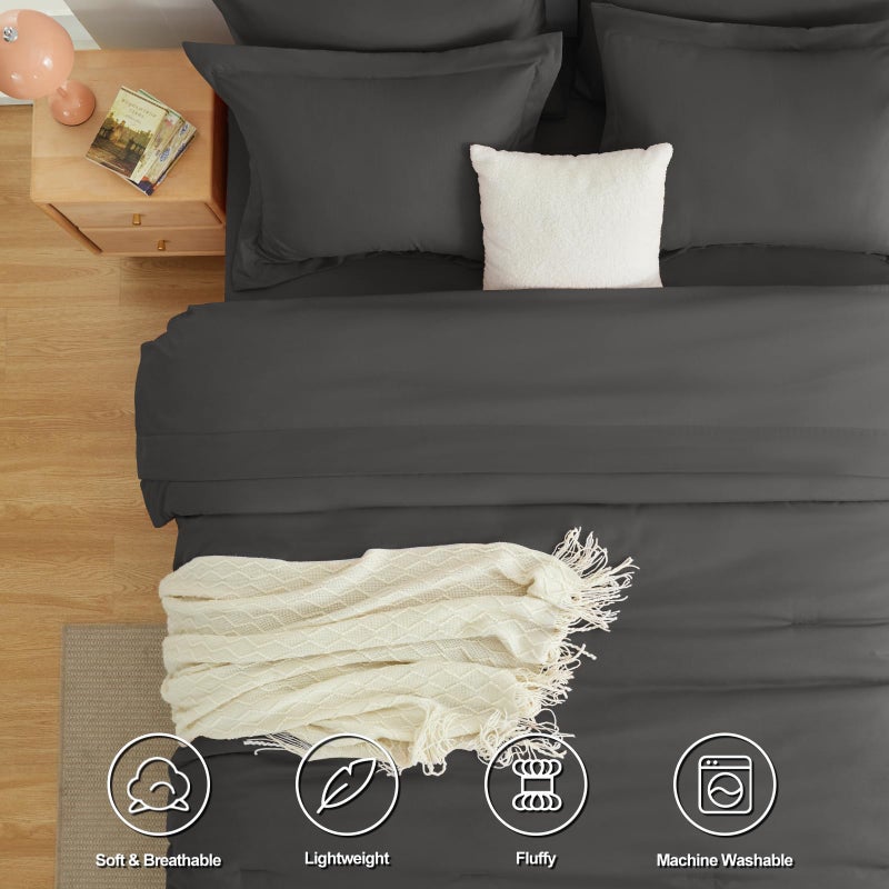 HIMEET Full Size Comforter Sets - 7 Pieces Dark Grey Bed in a Bag, Soft Lightweight Bedding Set, All Season Bed Set with Comforter, Flat Sheet, Fitted Sheet, Pillowcases & Pillow Shams - Image 2