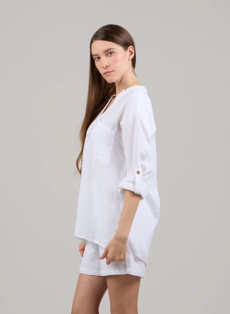 Just Nature White Relaxed V-Neck Long Sleeve Top for Women | Best Price UAE