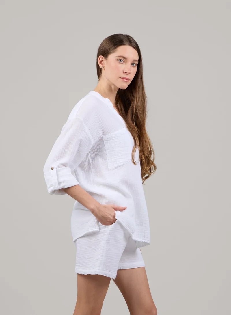 Just Nature White Relaxed V-Neck Long Sleeve Top for Women | Best Price UAE