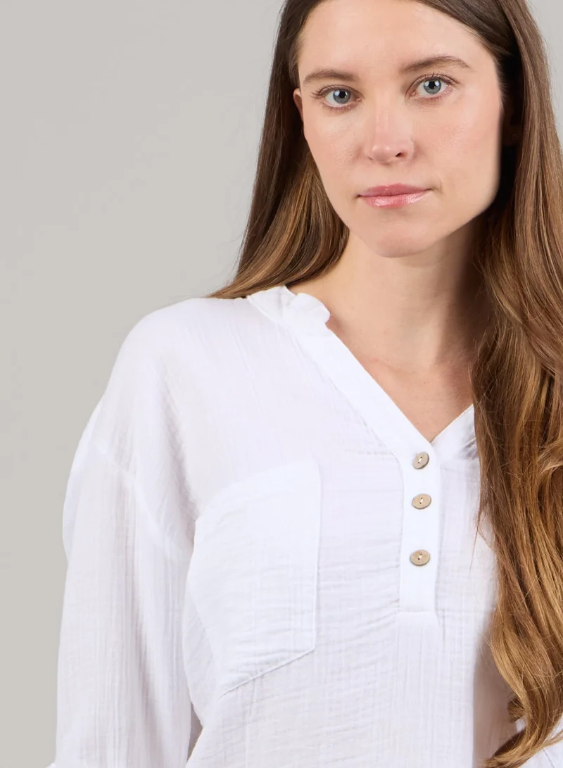 Just Nature White Relaxed V-Neck Long Sleeve Top for Women | Best Price UAE