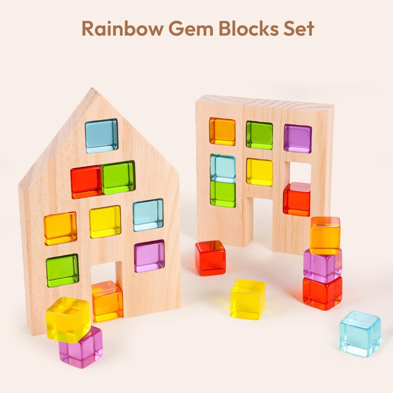 Woodtoe Wooden Building Blocks Set for Kids, 24 PCS Rainbow Gem Cubes Stacking Blocks - 2 Wood House, Montessori Stacking Toy for Toddlers, Educational STEM Birthday Toy for Boys Girls 3-6 - Image 2