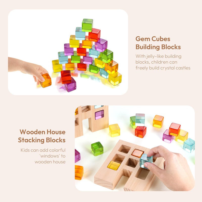 Woodtoe Wooden Building Blocks Set for Kids, 24 PCS Rainbow Gem Cubes Stacking Blocks - 2 Wood House, Montessori Stacking Toy for Toddlers, Educational STEM Birthday Toy for Boys Girls 3-6 - Image 4