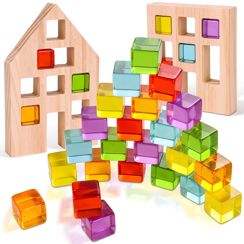 Woodtoe Wooden Building Blocks Set for Kids, 24 PCS Rainbow Gem Cubes Stacking Blocks - 2 Wood House, Montessori Stacking Toy for Toddlers, Educational STEM Birthday Toy for Boys Girls 3-6 - Image 1