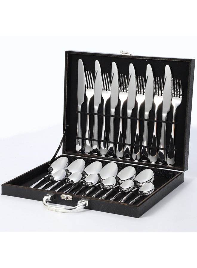 Stainless Steel 1010 Cutlery Set 24 Pieces Titanium Coated Western Dining Utensils Gift Box Set Export Gifts-Color:Original Steel Color 24 Piece Set-Black Box  - Image 1