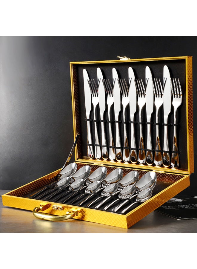 Stainless Steel 1010 Cutlery Set 24 Pieces Titanium Coated Western Dining Utensils Gift Box Set Export Gifts-Color:Original Steel Color 24 Piece Set-Black Box  - Image 3