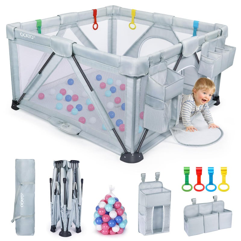 OCATO OCATO Baby Playpen Foldable Playpen for Babies and Toddlers Large Play Pen Portable Playpen Fence Indoor Outdoor Kids Safety Area Travel Play Yard with 2 Storage Bags 4 Handlers 50 Balls 50 50 