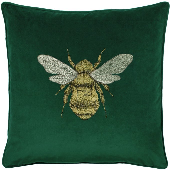 Paoletti Hortus Cushion Cover Bee Embroidered Luxurious Velvet Accent Square Cushion Cover Green Emerald 50x50 cm