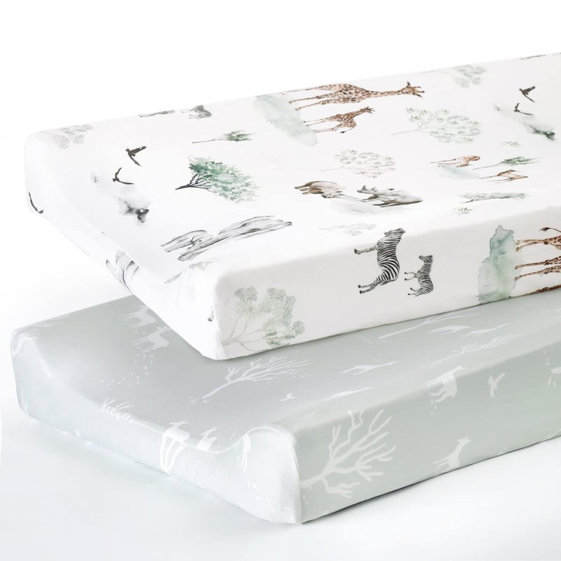 GRSSDER Stretch Ultra Soft Jersey Knit Changing Pad Cover Set 2 Pack Change Table Pad Covers Fit 3234 x 16 Pads Safe and Snug Pretty Pattern for Boys and Girls African Savannah Animals