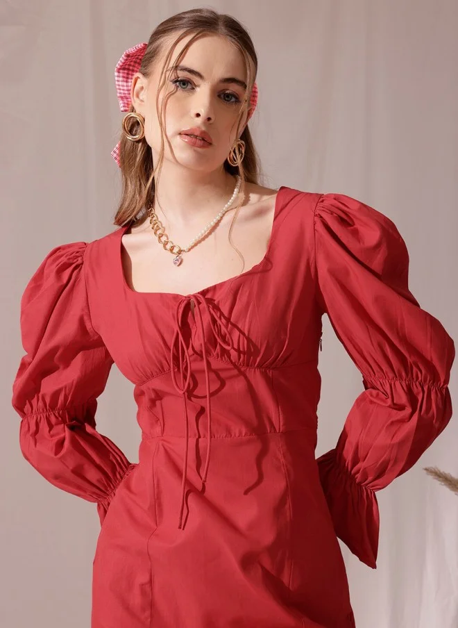 STREET 9 Red Puff Sleeve Cotton Midi Dress for Women