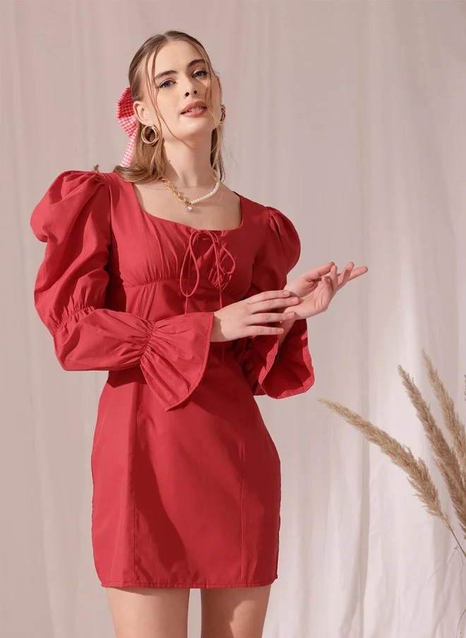 STREET 9 Red Puff Sleeve Cotton Midi Dress for Women