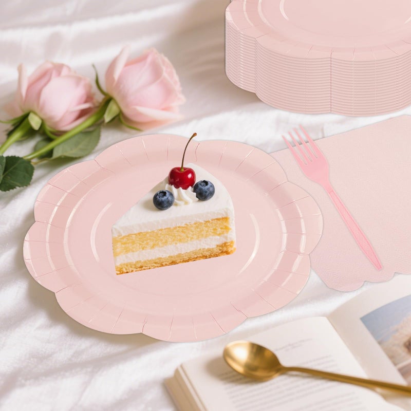 KFJBPB 75 PCS Pink Paper Plates and Napkins Party Supplies, LightPink Scalloped Plates Napkins Forks Disposable Tableware Set for Bridal Baby Shower Wedding Birthday Party Decorations (Pink) - Image 5