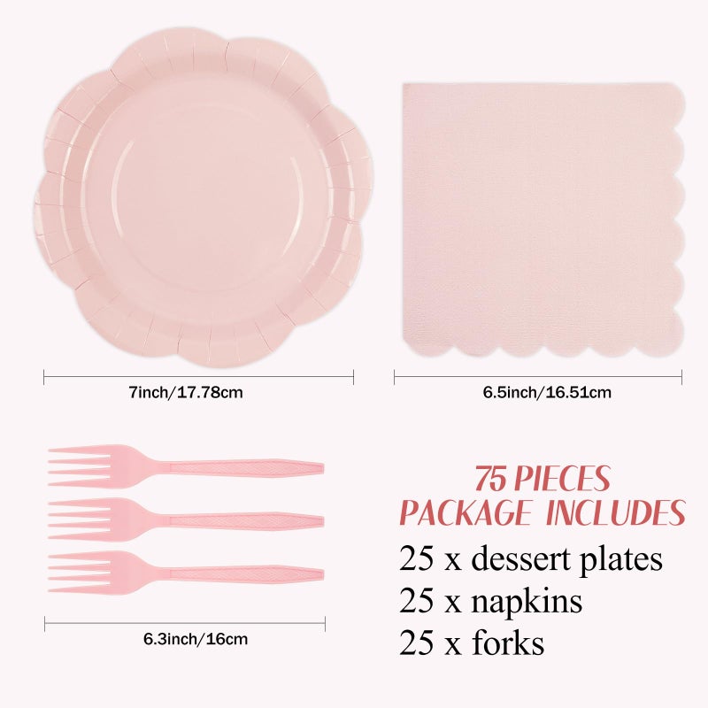 KFJBPB 75 PCS Pink Paper Plates and Napkins Party Supplies, LightPink Scalloped Plates Napkins Forks Disposable Tableware Set for Bridal Baby Shower Wedding Birthday Party Decorations (Pink) - Image 2