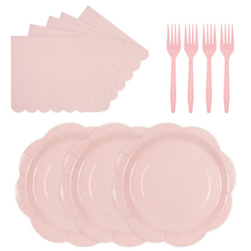 KFJBPB 75 PCS Pink Paper Plates and Napkins Party Supplies, LightPink Scalloped Plates Napkins Forks Disposable Tableware Set for Bridal Baby Shower Wedding Birthday Party Decorations (Pink) - Image 1
