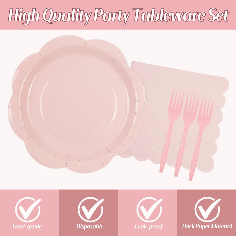 KFJBPB 75 PCS Pink Paper Plates and Napkins Party Supplies, LightPink Scalloped Plates Napkins Forks Disposable Tableware Set for Bridal Baby Shower Wedding Birthday Party Decorations (Pink) - Image 3