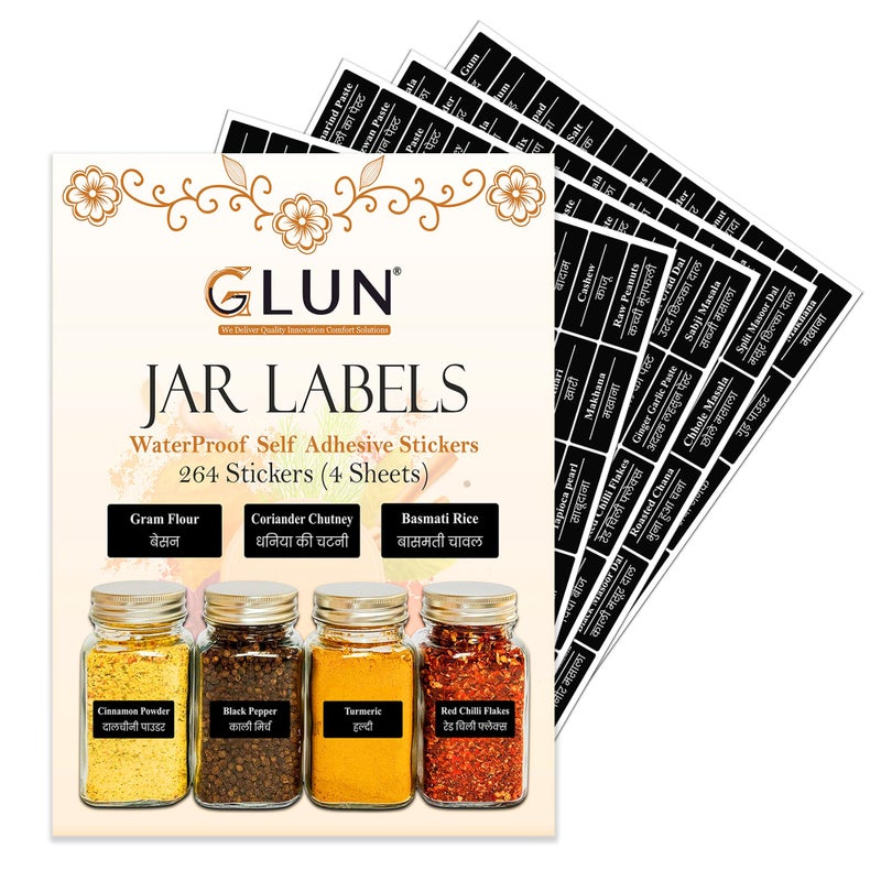 GLUN 264 Pre-Printed Vinyl Stickers Waterproof, Non-Tearable Glossy Labels for Kitchen Pantry, Spice Jars & Glass Bottles 25X50Mm, All Categories Included, 264 Labels - Image 5