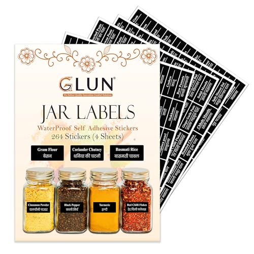GLUN 264 Pre-Printed Vinyl Stickers Waterproof, Non-Tearable Glossy Labels for Kitchen Pantry, Spice Jars & Glass Bottles 25X50Mm, All Categories Included, 264 Labels - Image 1