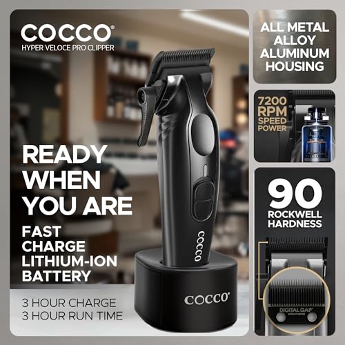 Cocco Veloce Pro Clipper, Digital Gap Ambassador Graphene Taper Blade Professional Hair Clippers, High-Torque BLDC Motor, All-Metal, Cordless, Charging Base Included, Matte Black - Image 3