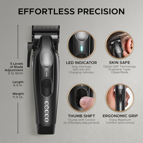 Cocco Veloce Pro Clipper, Digital Gap Ambassador Graphene Taper Blade Professional Hair Clippers, High-Torque BLDC Motor, All-Metal, Cordless, Charging Base Included, Matte Black - Image 2