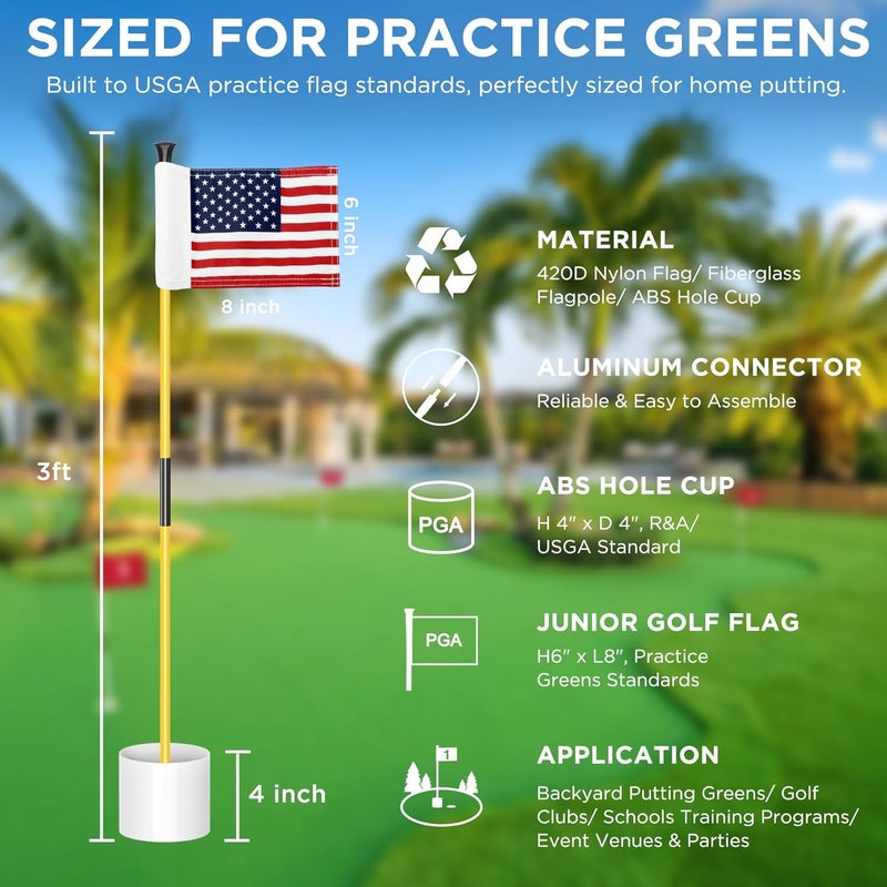KINGTOP Golf Flagstick Mini, Practice Putting Green Flags for Yard, All 3 Feet, Golf Pin Flag Hole Cup Combo Kit, Fiberglass Portable 2-Section Design, Double-Side American Flag - Image 2