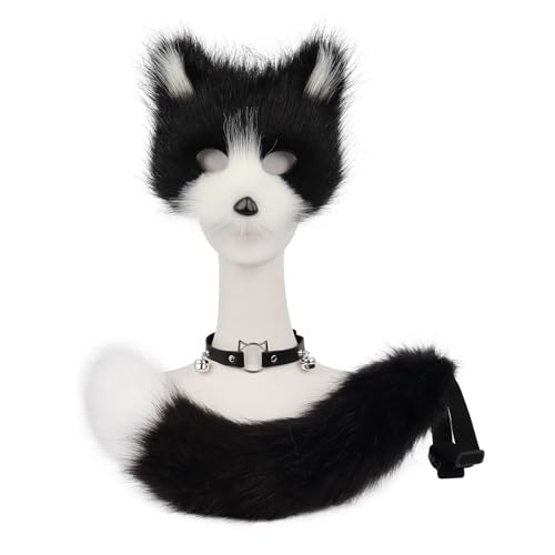 hbbhml Faux Fur Fox Mask Wolf Cat Fluffy Tail and Leather Necklace Set Halloween Party Cosplay Costume Accessory - Image 2