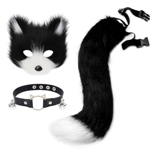 hbbhml Faux Fur Fox Mask Wolf Cat Fluffy Tail and Leather Necklace Set Halloween Party Cosplay Costume Accessory - Image 1