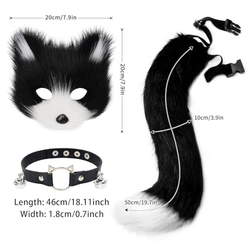 hbbhml Faux Fur Fox Mask Wolf Cat Fluffy Tail and Leather Necklace Set Halloween Party Cosplay Costume Accessory - Image 3